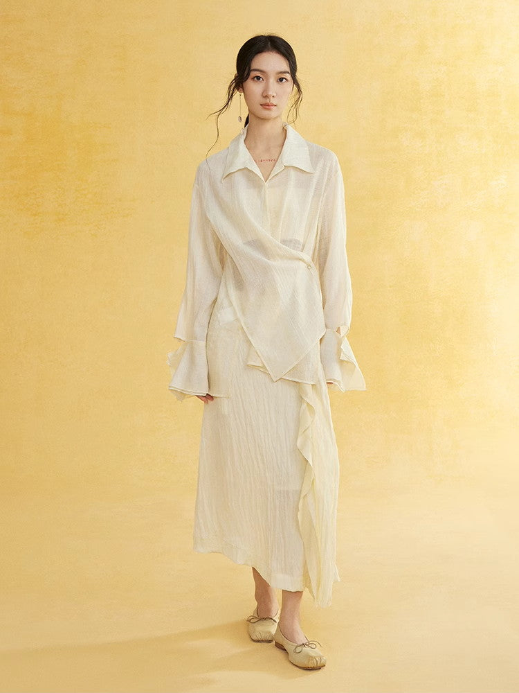 Side-Button Natural Sheer Oversuze Shirt