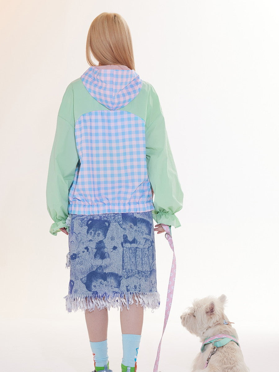 Candy-Sleeve Checked Hoodie Drawstring Fancy Parka