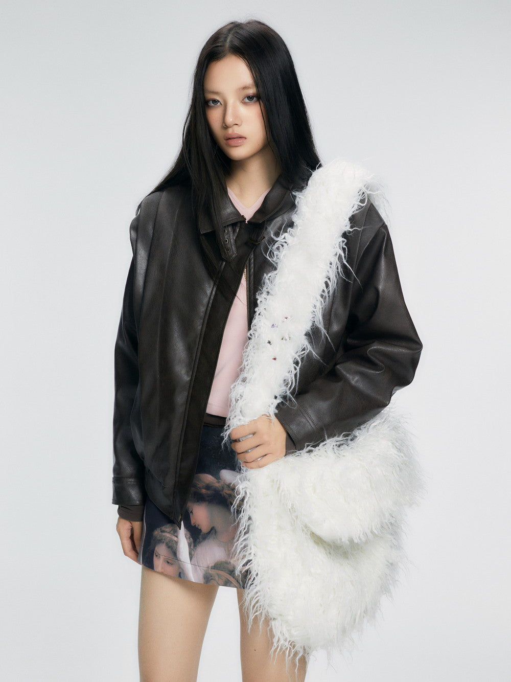 Fur-Neck Smooth Ovresize High-End Leather-Jacket