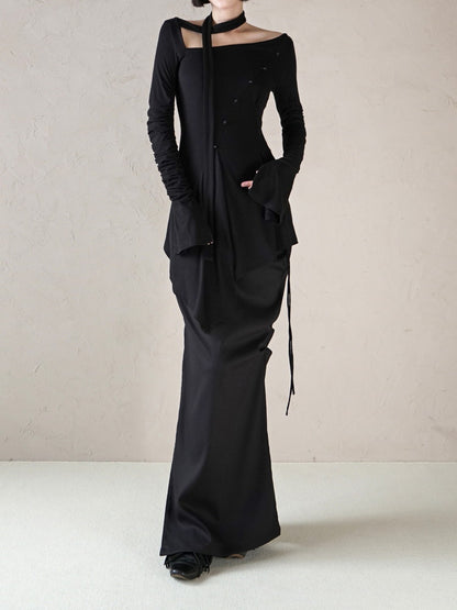 Bottle-Neck Drape Slim Simple Long Dress