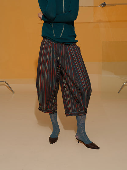 Cropped Half Stripe Ethnic Balloon-Pants