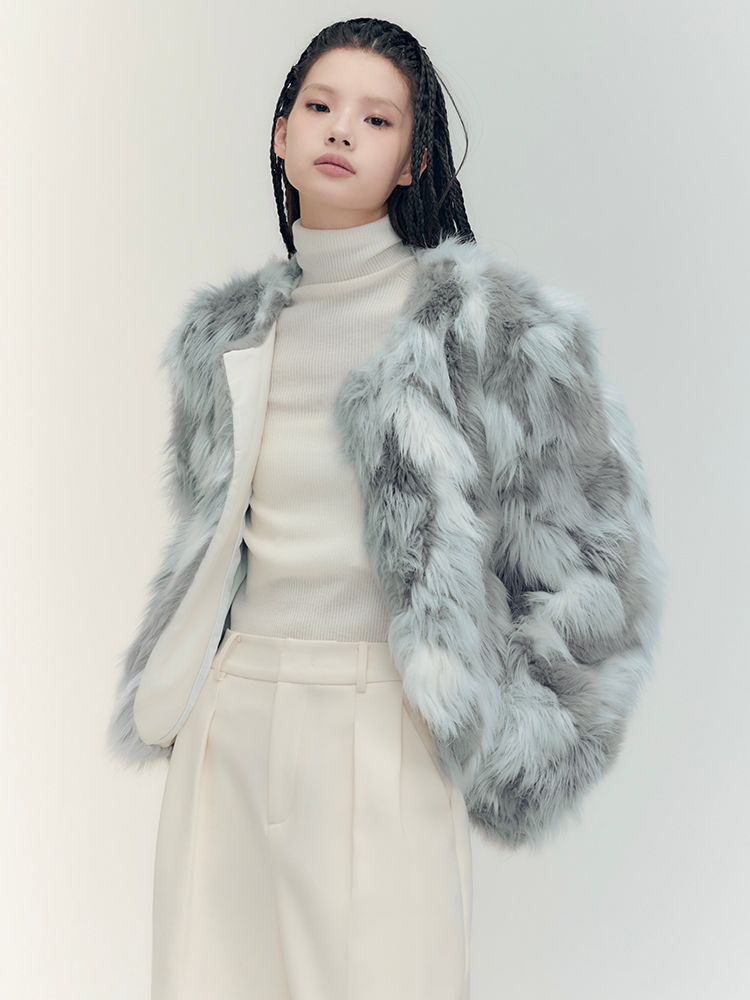 Fur Eleagnt Bi-Color No-Collar Jacket