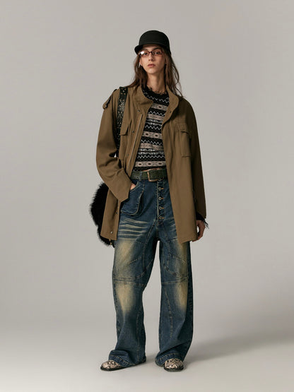 Stand-Collar Casual Loose Washedvintage Middle Jacket