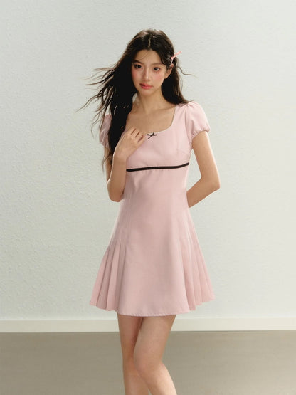 Side-Pleats Simple Flare Short Ribbon Bi-Color Dress