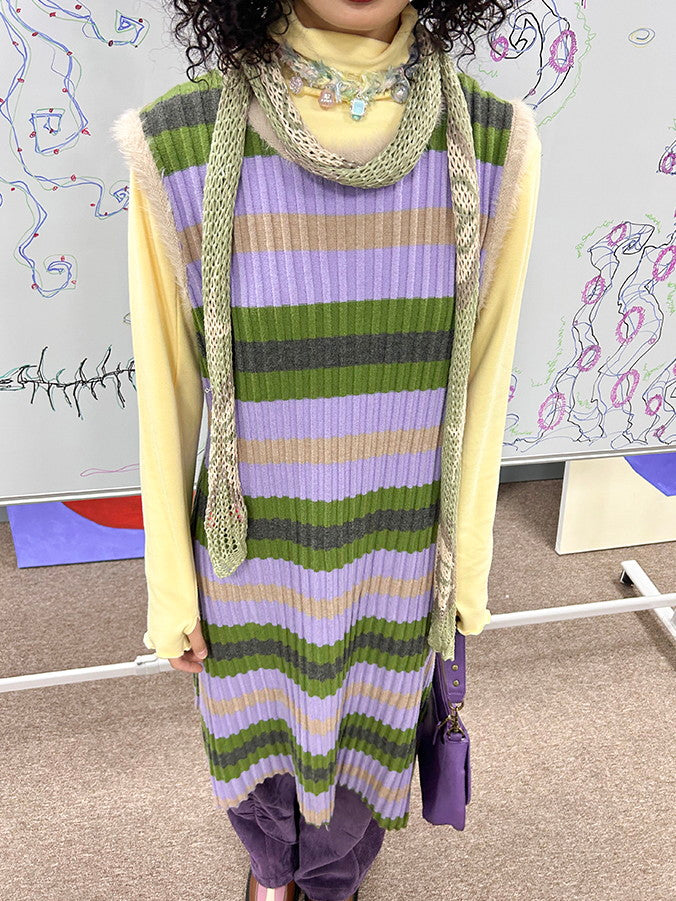 Border Asymmetry Colorful Round-Neck Knit One-Piece