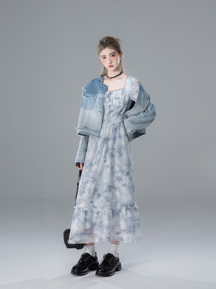 Tie-Dye Flower Tiered Square-Neck Sheer Long Dress