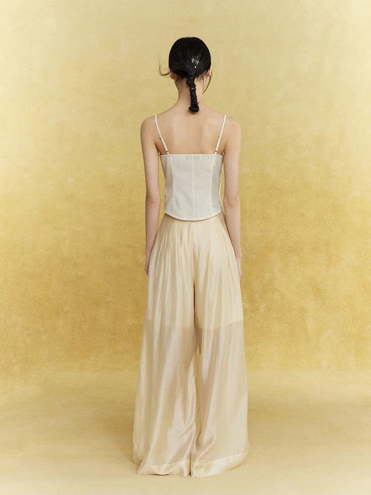 Wide-Leg Handsome Plain Straight Satin Sheer Elegant Pants