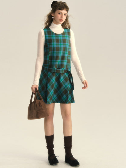 Wool Checked Sleeveless U-Neck Layered One-Piece