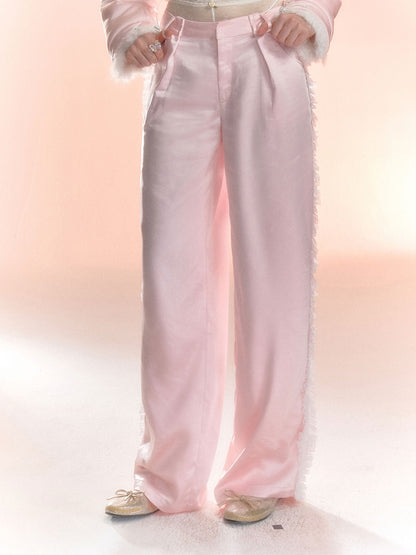 Satin Flower Plain Side-Frill Casual Straight Pants