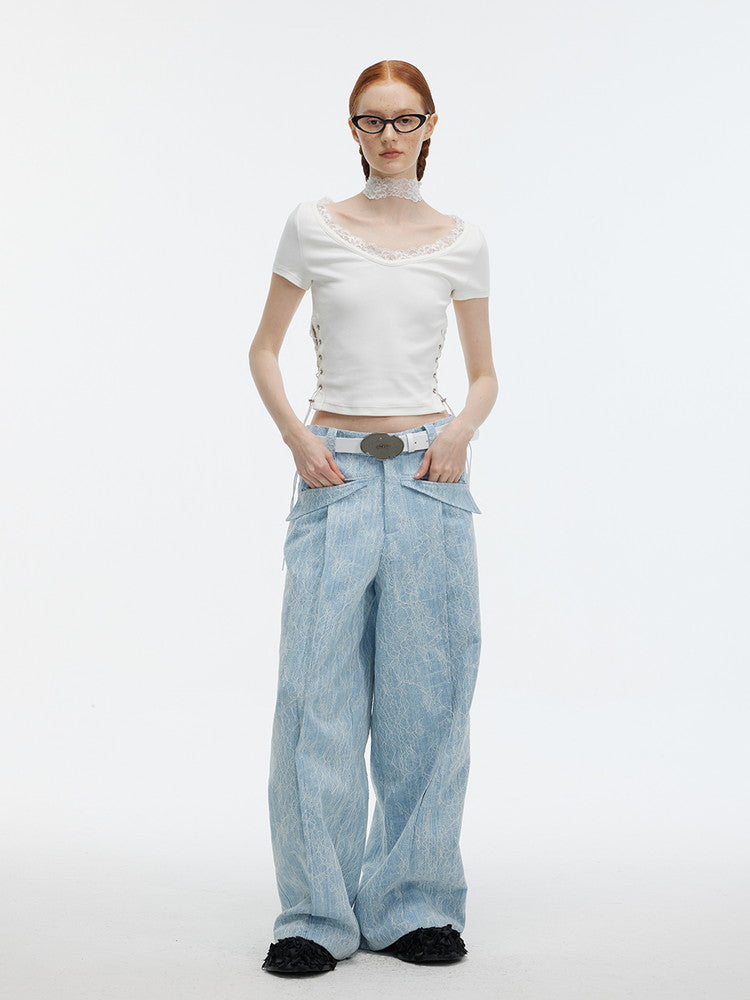 Denim Embroidery Flower Wide-Leg Casual Pants