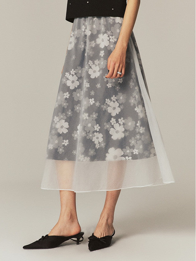 Layered See-Through Flower Ciffon Sheer Flare Chic Long-Skirt