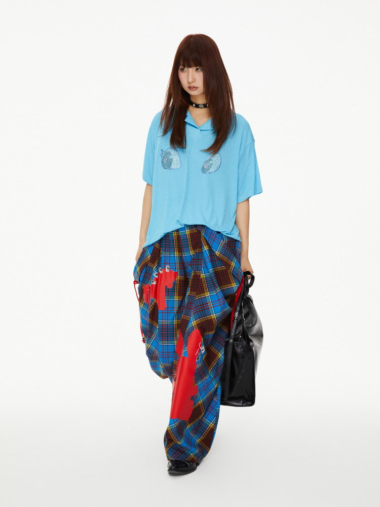 Checked Retro Girly Rabbit Silhouette Wide-Leg Nichi Casual Pants