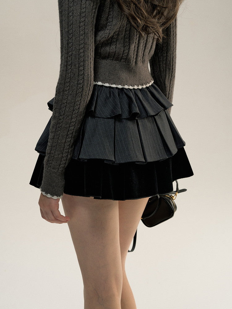 Set-Up Stripe Frill Tiered College Girly Jacket＆Mini-Skirt