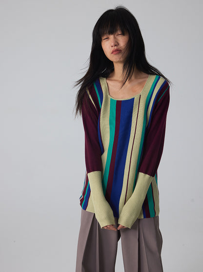 Long-Cuff Stripe Retro Chic Square-Neck Knit