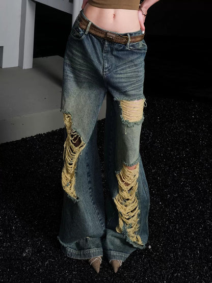 Washed Ripped Wide-leg Jeans