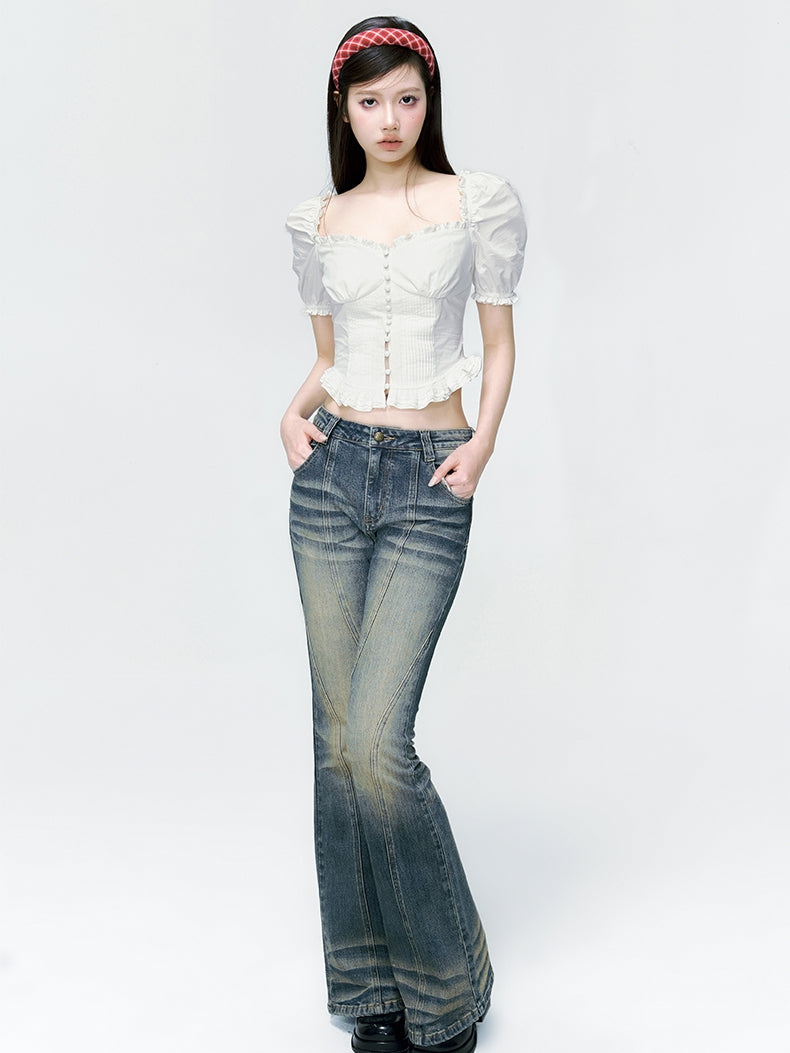 Puff-Sleeves Frill Tight Princess Cropped Blouse