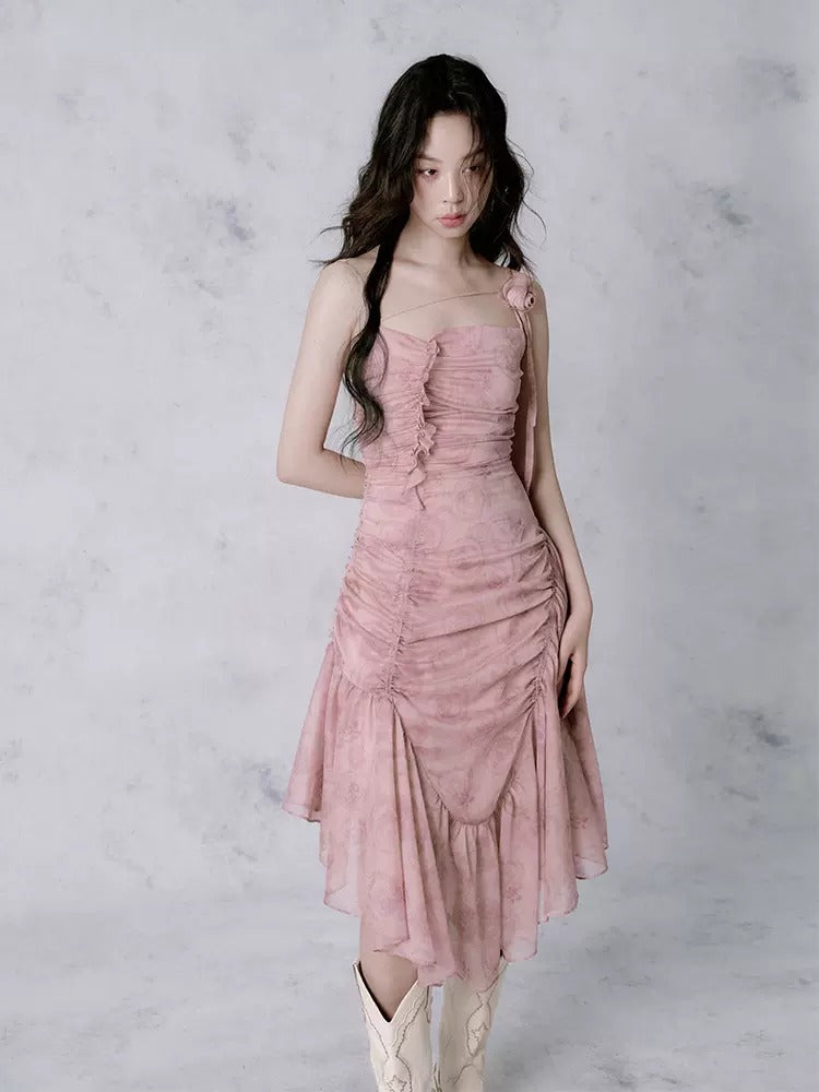 Asymmetric Wrinkled Suspender Dress