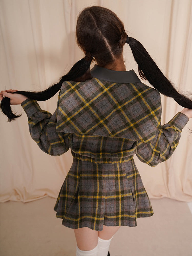 Plaid Short Navy Collar Jacket &amp; Pleated Skirt