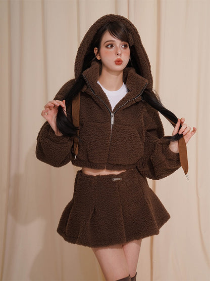 Plush Boa Loose Hooded Jacket &amp; Skirt