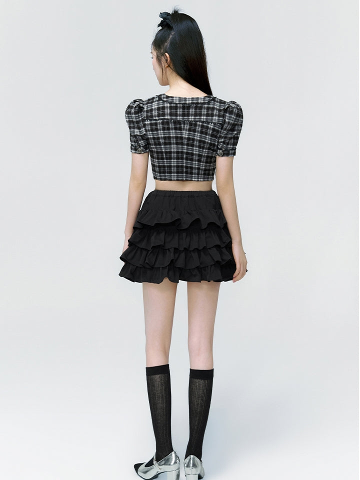 Girly Checked Frill Tiered Blouse＆Skirt