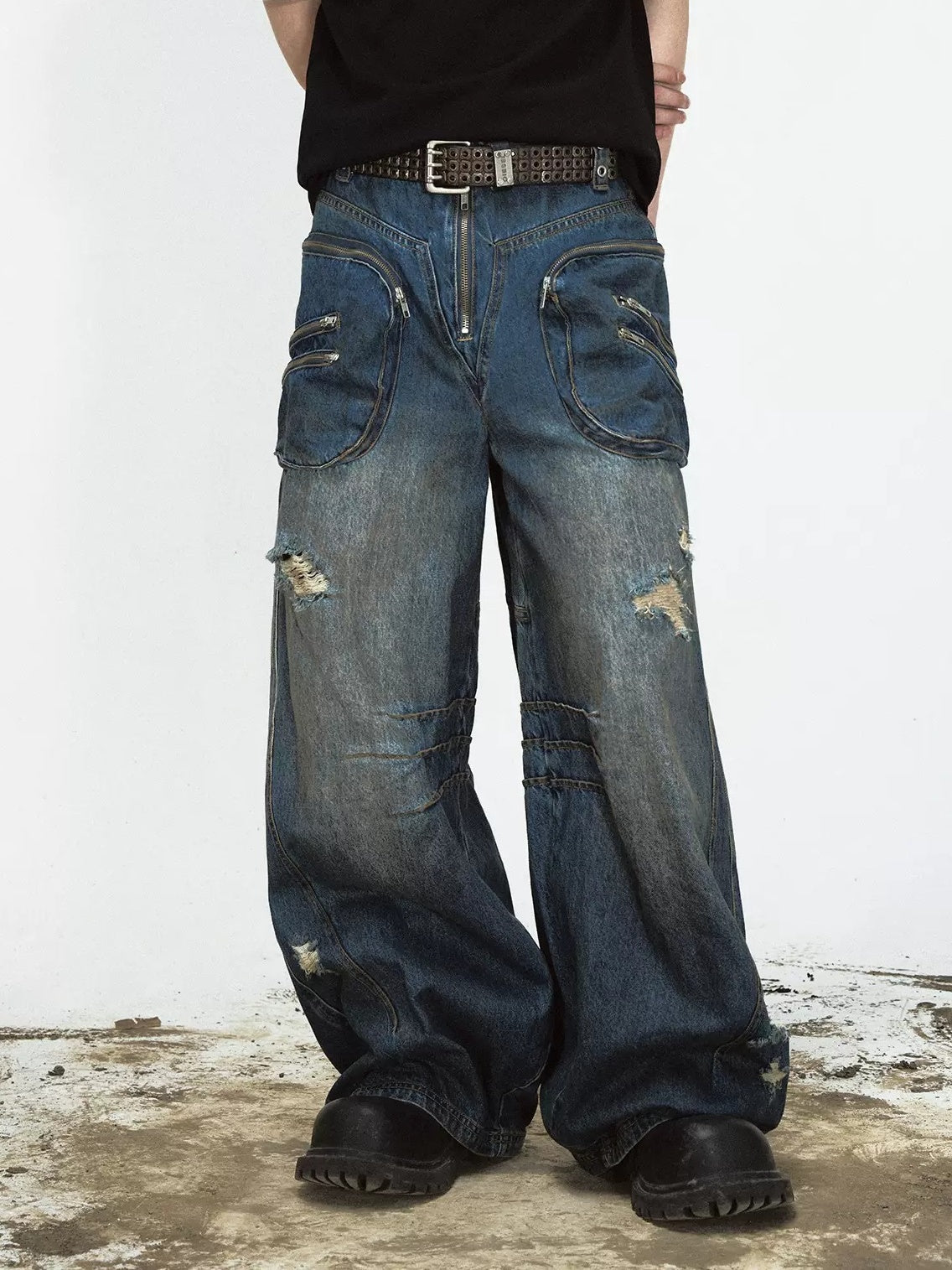 Stain Brush Color Hole Big Pocket Jeans