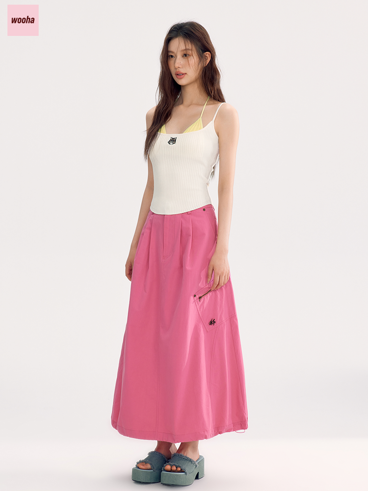 Drawstring Casual Flare Plain Long-Skirt