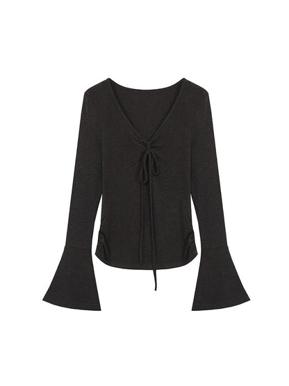 V-neck Slim-fitting Bell-Sleeve Knitted Top