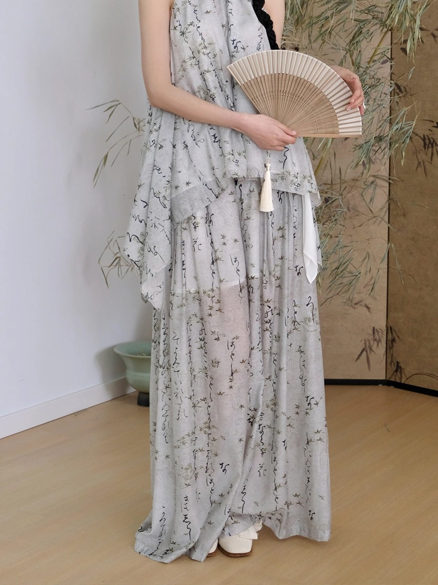 Chinese Style Straight Printed Wide-leg Pants