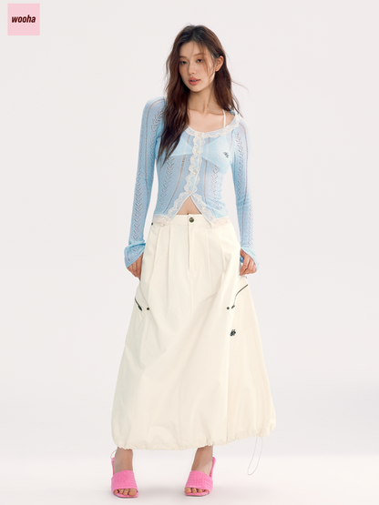 Drawstring Casual Flare Plain Long-Skirt