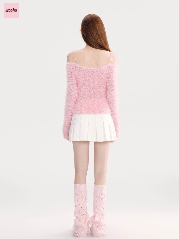 Fluffily Off-Shoulder Strap Mohair-Knit