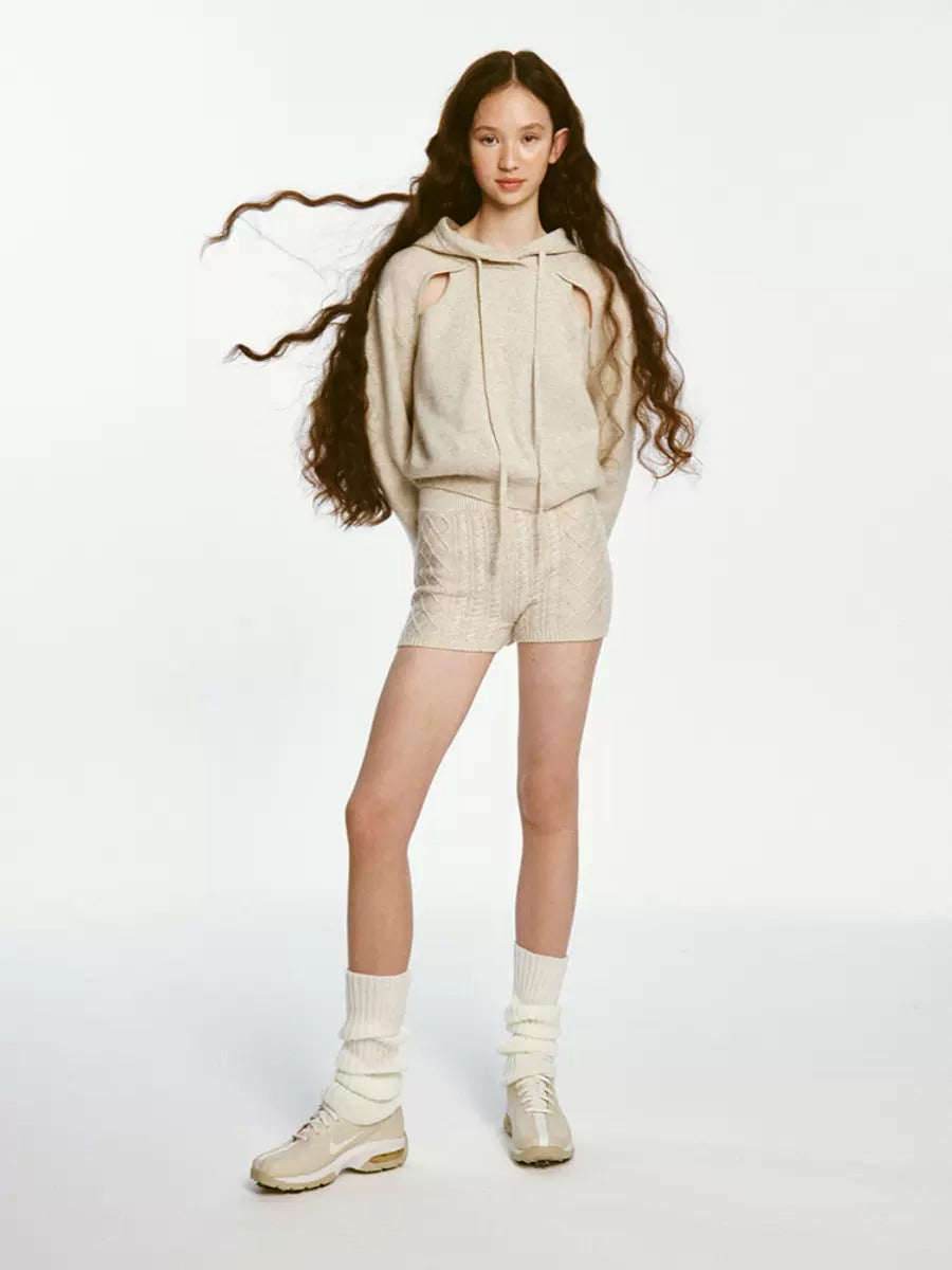 Sporty Cut-out Design Knitted Hoodie &amp; Short Pants