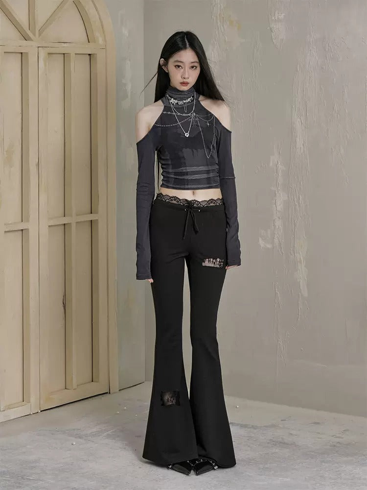 Lace Splicing Hole Cutsew Flared Pants