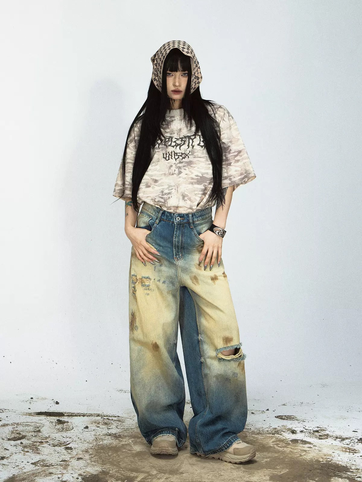 Mud-dyed Ripped Wide Straight Jeans