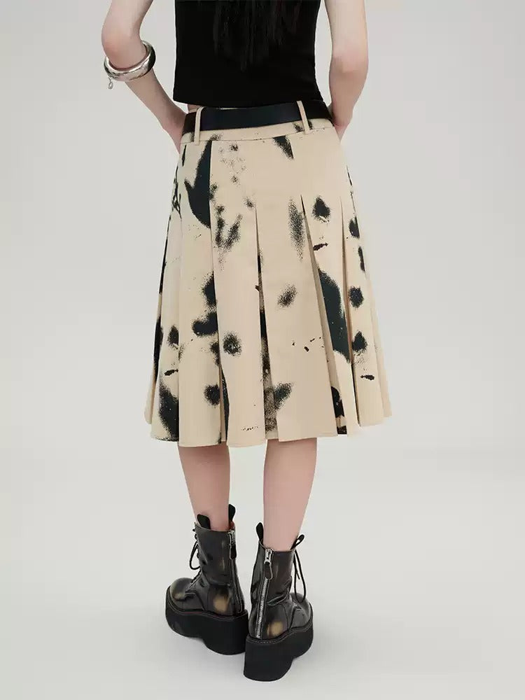 Branches and Leaves Mottled Print Pleated Work Skirt