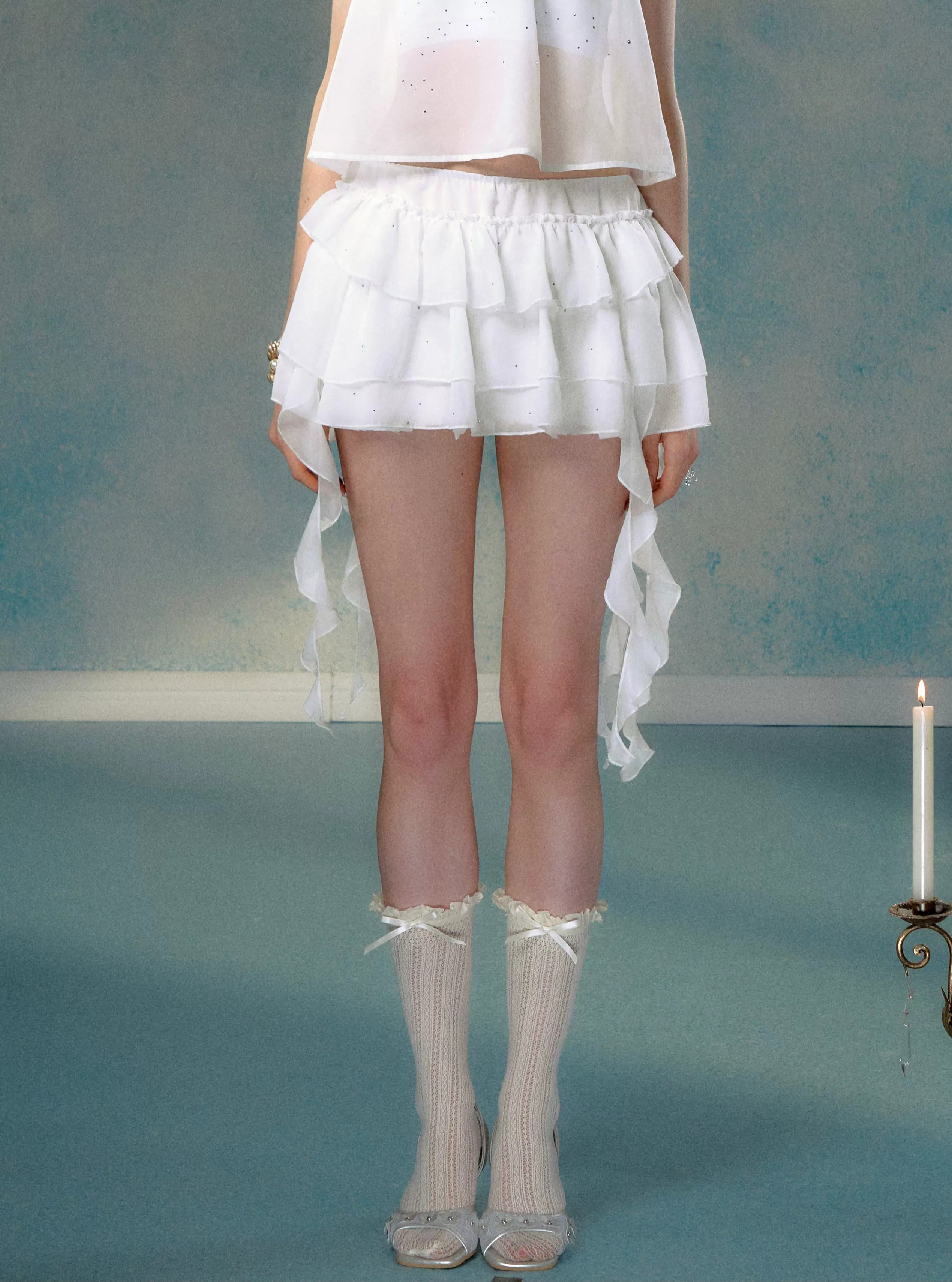 Starry Transparent American Sleeve Top &amp; Ruffle Cake Short Skirt