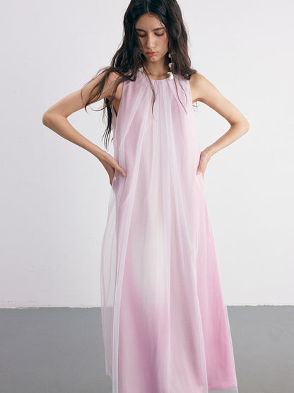 Gradation Ruched Mesh Panel Sleeveless Dress