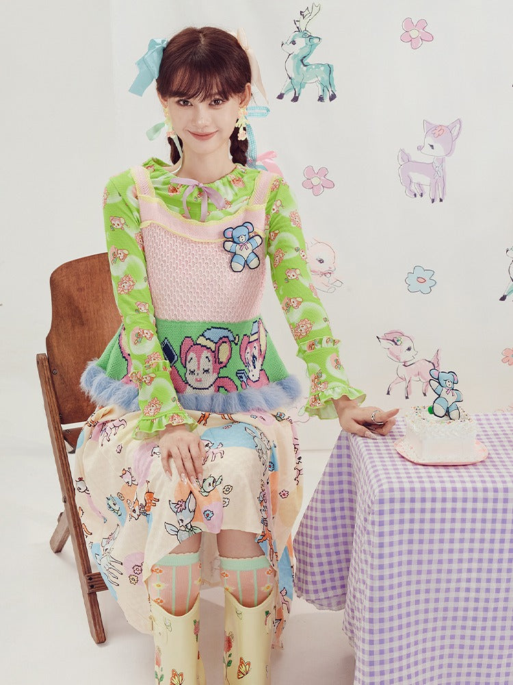 Deer Geometric Print Pleated Skirt