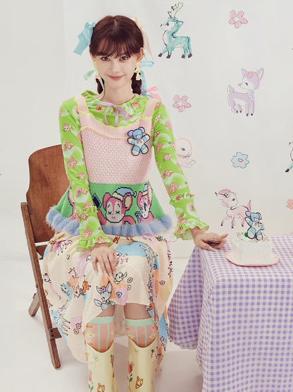 Deer Geometric Print Pleated Skirt