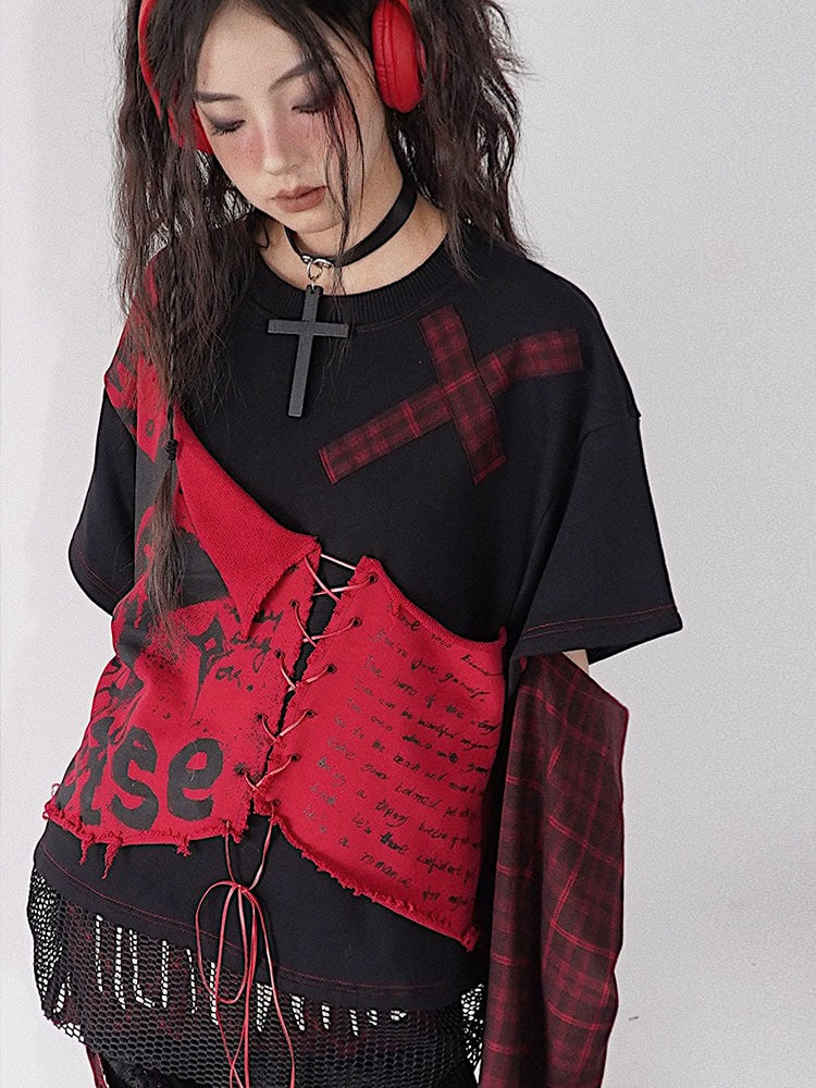 Niche Printed Plaid Stitching Layered Design Top