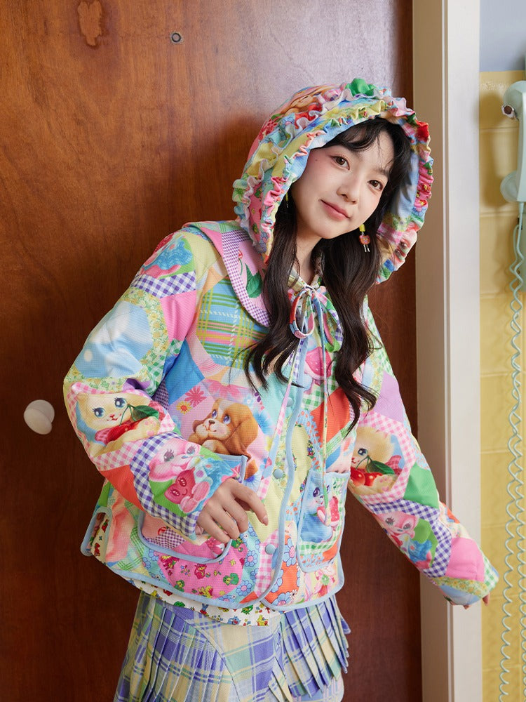 Detachable Hood Patchwork Printed Jacket