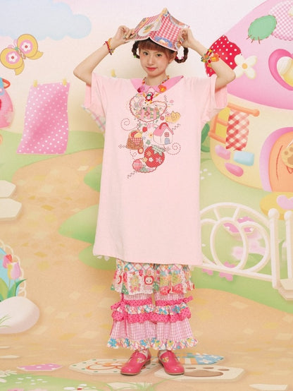 Doll Collar Printed Short-sleeved T-shirt One-piece