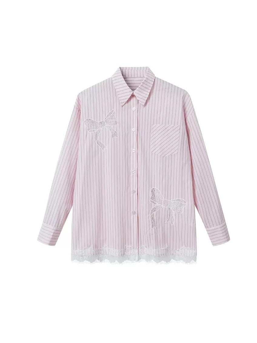 Striped Lace Cutout Bow Shirt