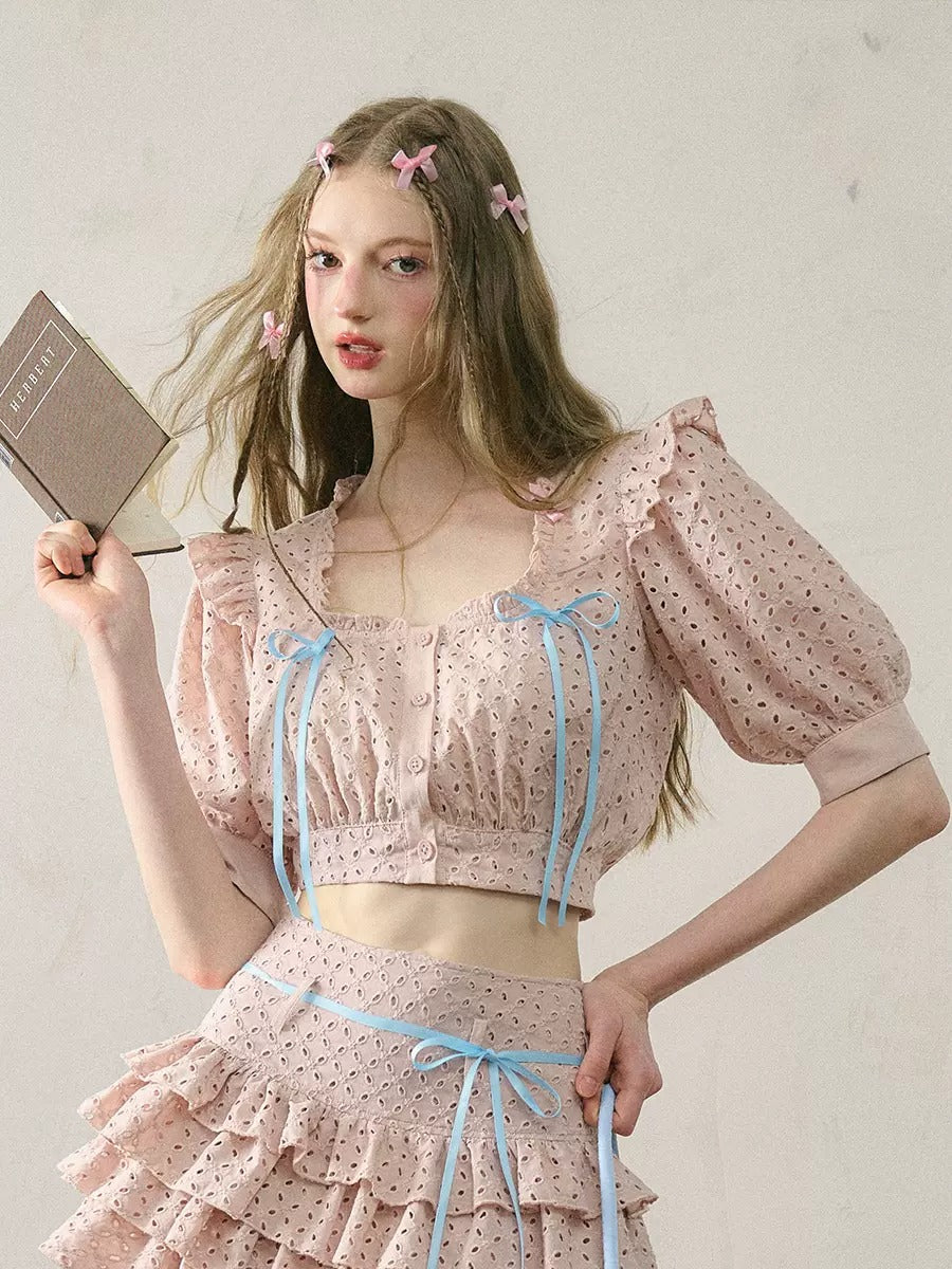 Cutwork Lace Ribbon Cropped Shirt &amp; Cake Skirt