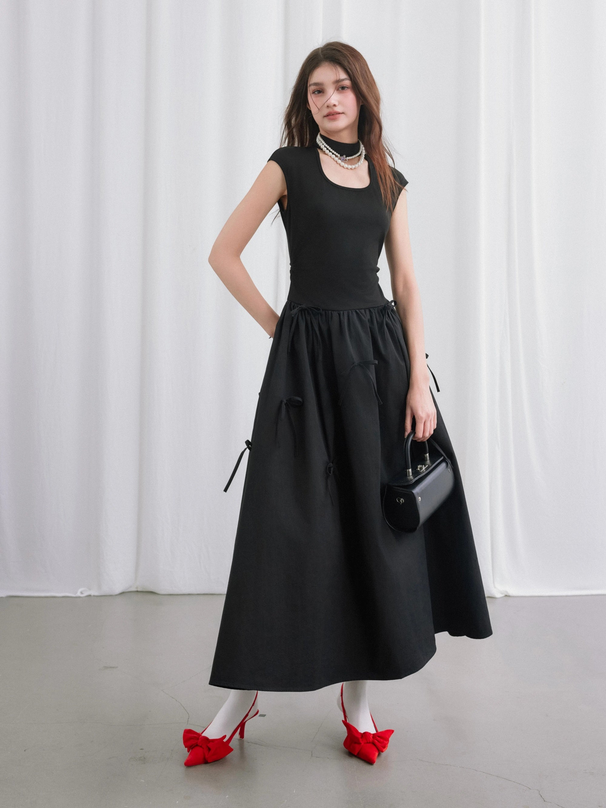 Square Cutout Stand Collar Bow Long Dress