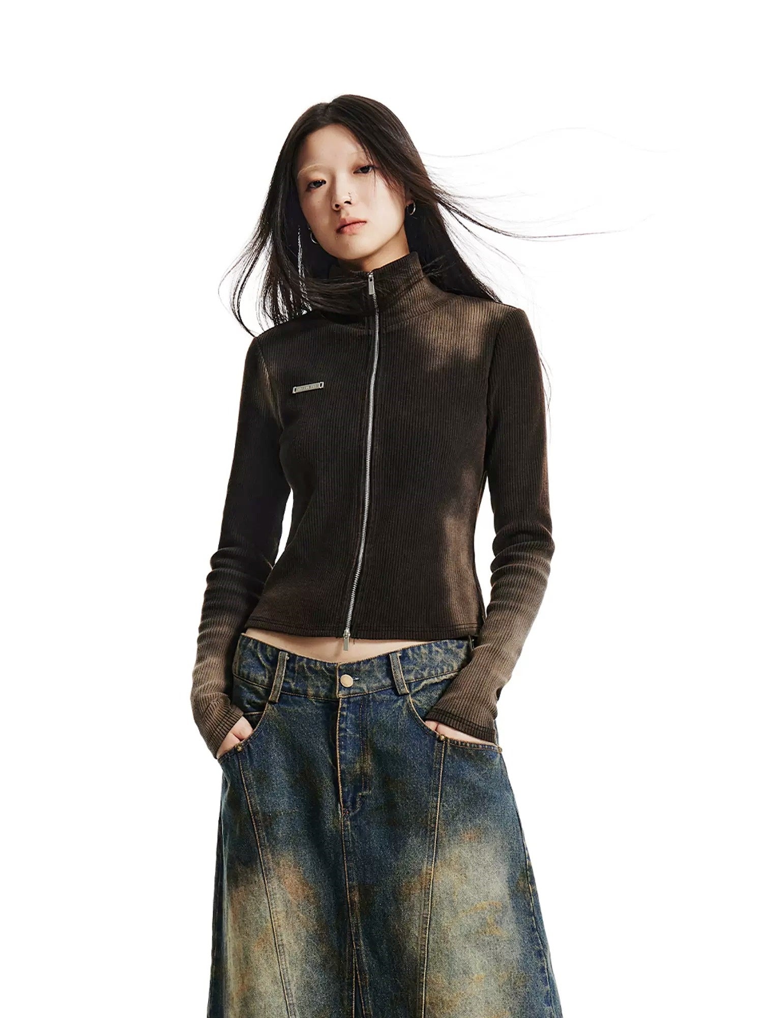 Distressed Elastic Slim Double Zipper Stand Collar Knitted Top