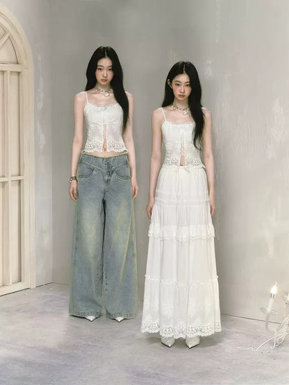 Lace Stitching Lace-Up Slim Camisole &amp; Frill Tiered Long Skirt