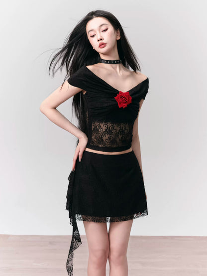 Floyd Rose Lace Slim Off-Shoulder Top &amp; Ruffle Skirt