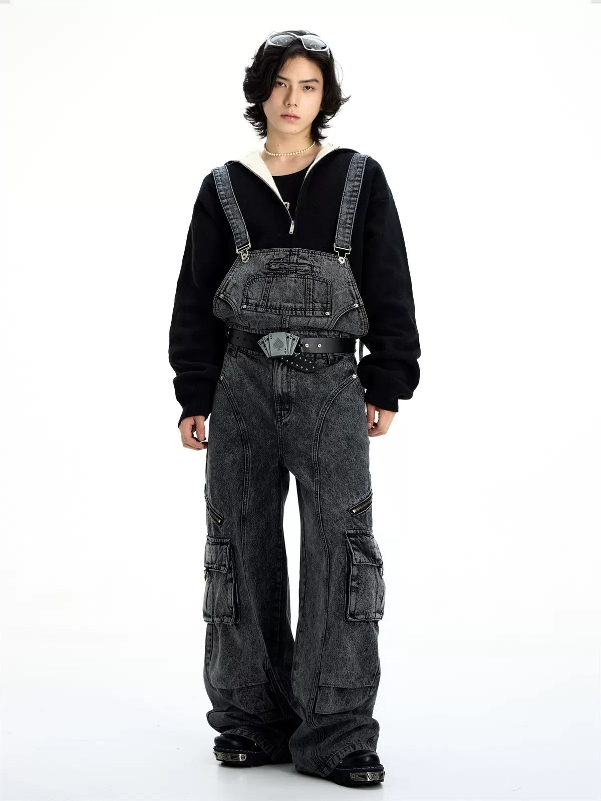 Detachable Distressed Washed Multi-pocket Salopette Pants