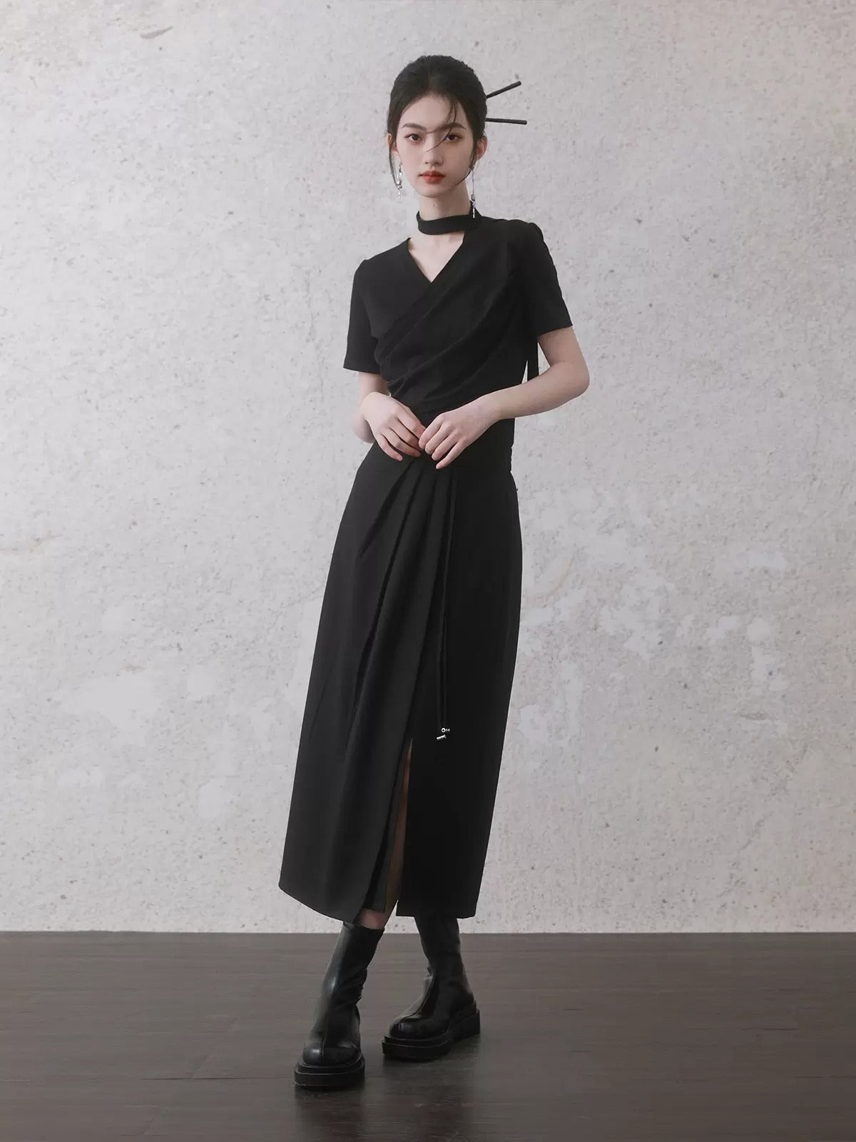 Pressed Pleated Slit Wrap Style Skirt