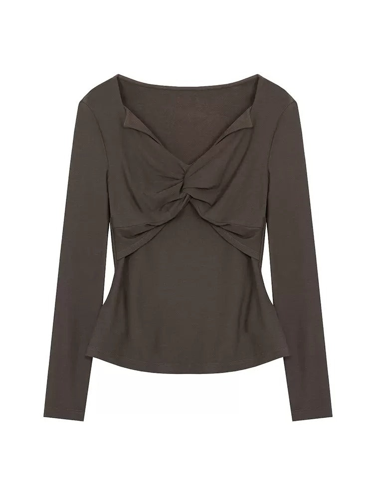 V-neck Sweater Pleated Twist Design Bottoming Shirt